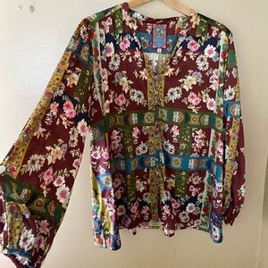 Johnny Was Laurie Milan Blouse print silk vintage boho plus size peasant Sz XXL
